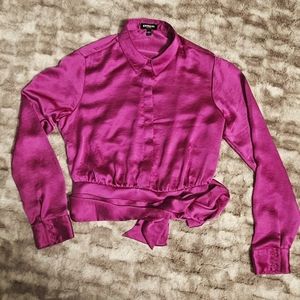 EXPRESS Satin Plum Tie Front Top Banded Portofino Blouse Shirt Medium